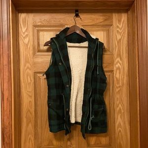 Green Flannel Sherpa Lined Vest with Hood
